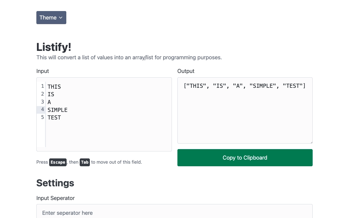 Listify! turning five lines of text into a quoted array, with a button to copy the result to the clipboard