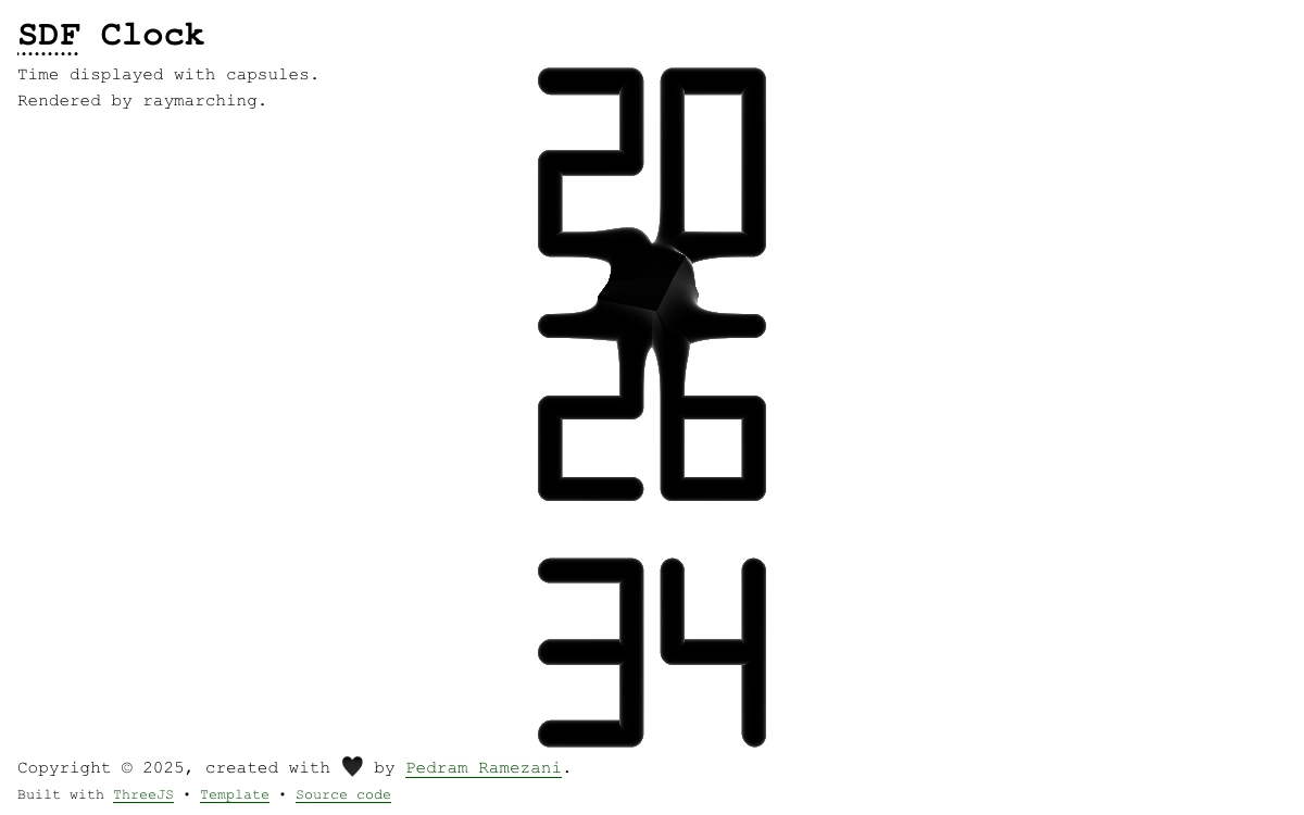 SDF Clock showing the time 20:26:34 as black capsule-shaped digits, with two digits smoothly melting into each other