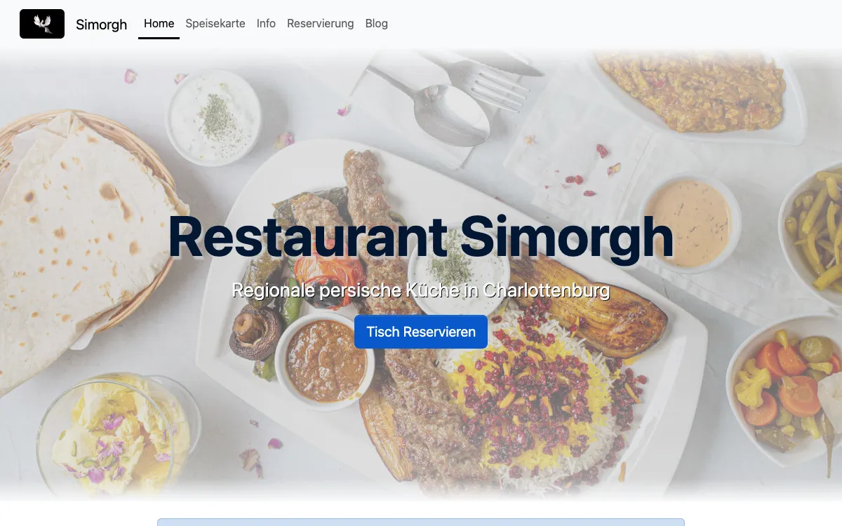 Restaurant Simorgh homepage with the tagline “Regionale persische Küche in Charlottenburg” over a table of Persian dishes